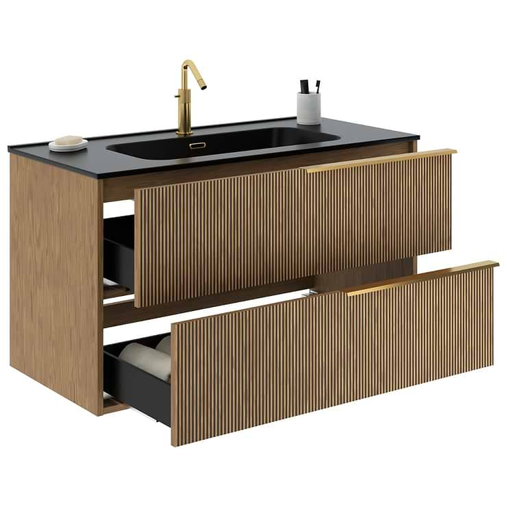 Kora Art Faux Fluted 40" Single Vanity with Integrated Black Ceramic Top & Gold Handles