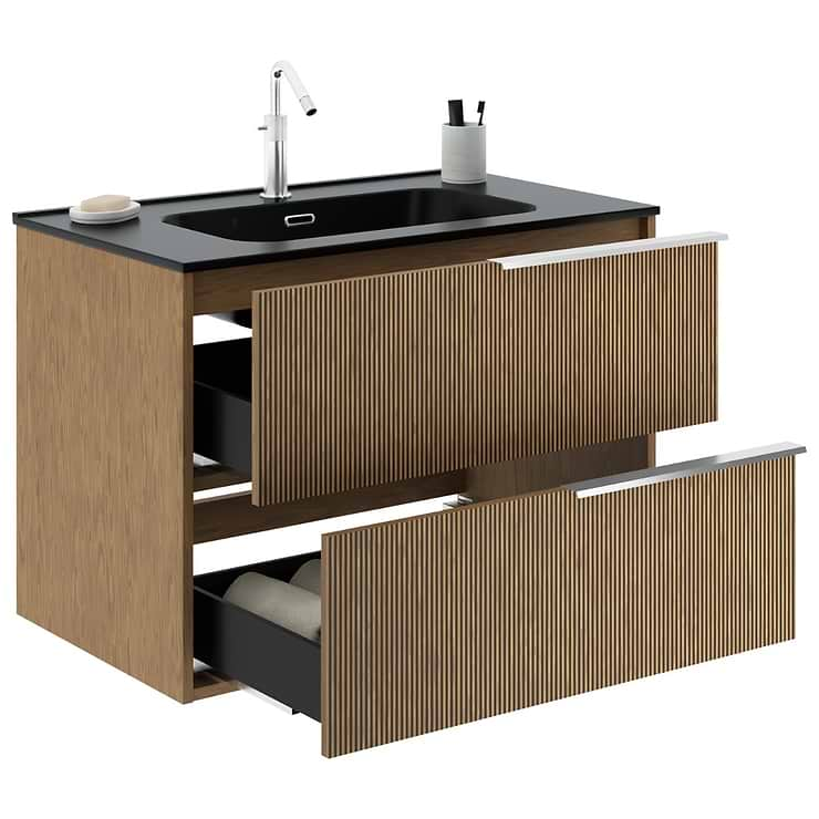 Kora Art Faux Fluted 32" Single Vanity with Integrated Black Ceramic Top & Silver Handles