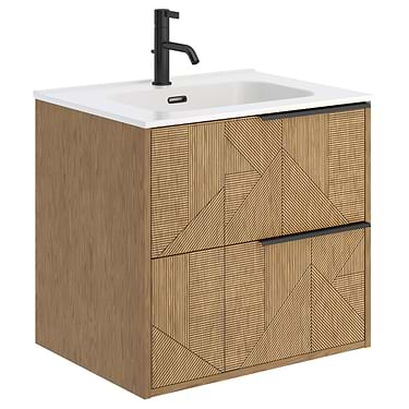 Kora Geo 24" Woodgrain Wall Mounted Vanity with Ceramic Counter and Black Handles