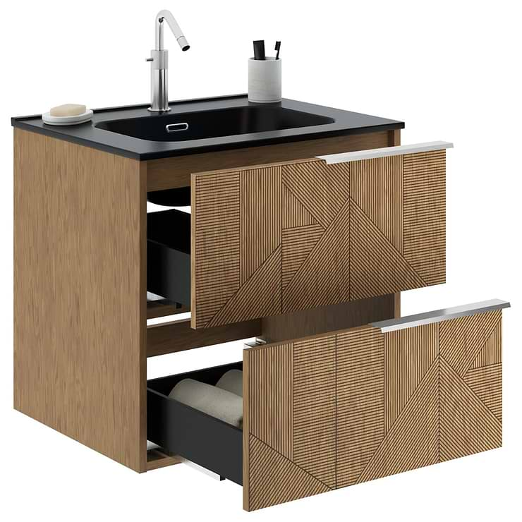 Kora Geo Faux Fluted 24" Single Vanity with Integrated Black Ceramic Top & Silver Handles