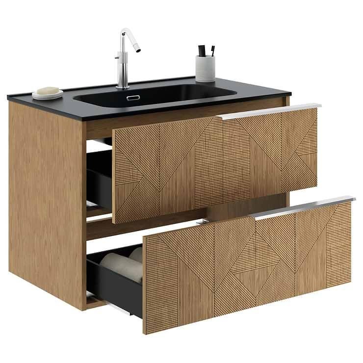 Kora Geo Faux Fluted 32" Single Vanity with Integrated Black Ceramic Top & Silver Handles