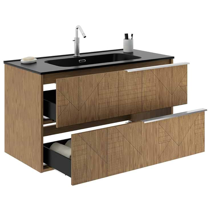 Kora Geo Faux Fluted 40" Single Vanity with Integrated Black Ceramic Top & Silver Handles