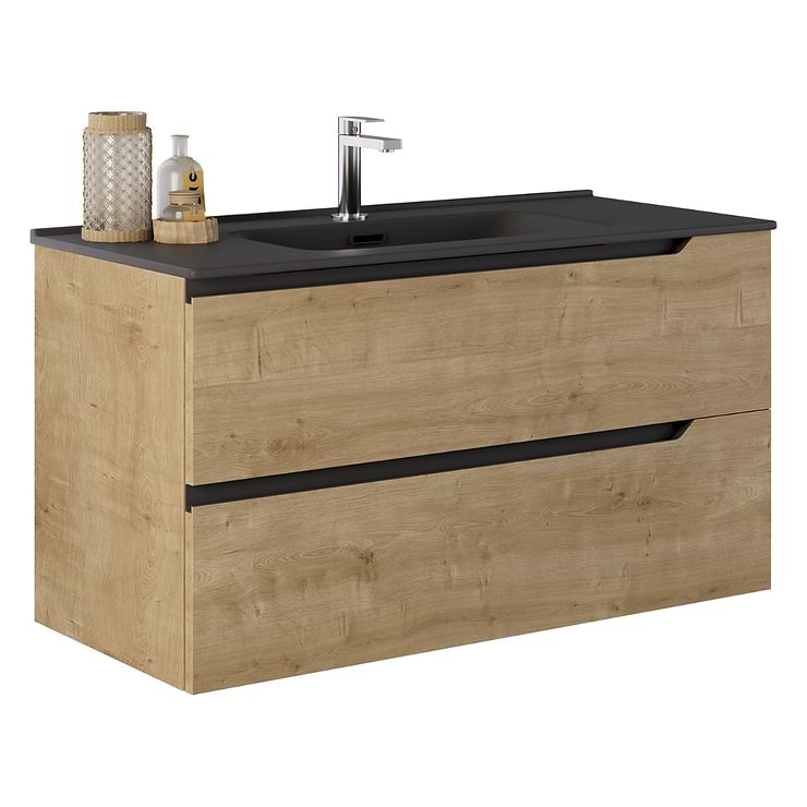 Duo Blonde Wood 40" Single Vanity with Integrated Black Ceramic Top