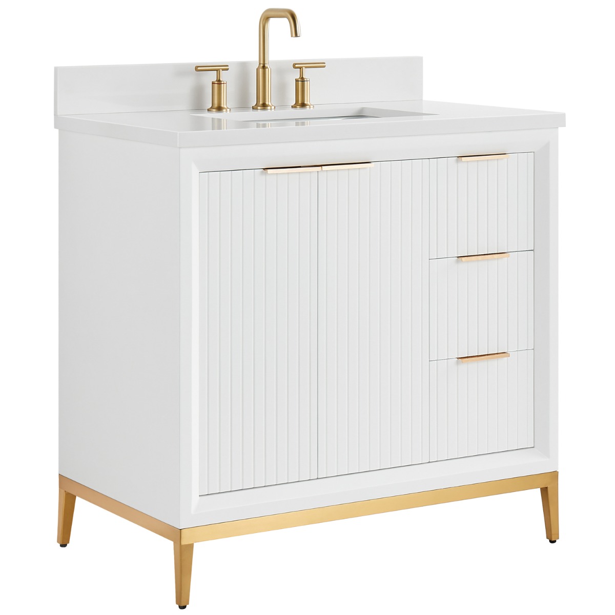 Bungalow White and Gold 36" Single Vanity with Pure White Quartz Top