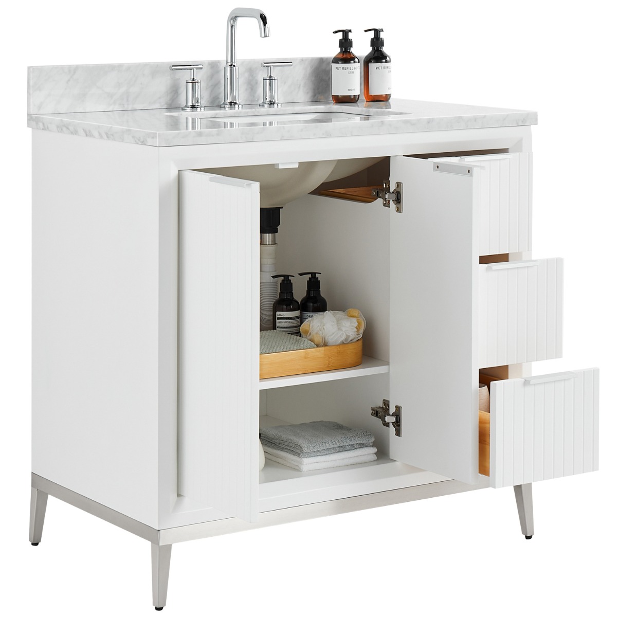 Bungalow White and Silver 36" Single Vanity with Carrara Marble Top