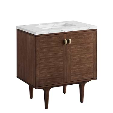Amberly Mid-Century Walnut 30" Single Vanity with Ethereal Noctis Quartz Top by JMV