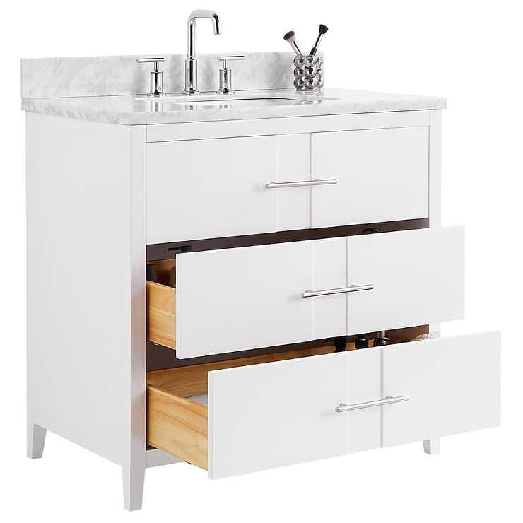 Iconic 36" White and Silver Vanity with Carrara Marble Top and Ceramic Basin