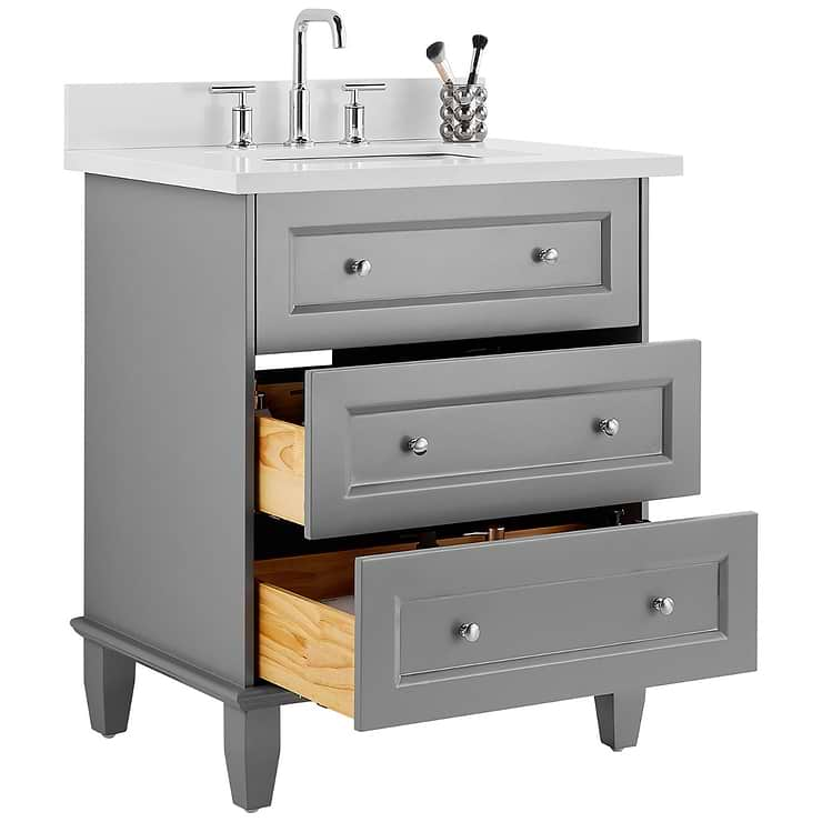 Nora 30" Gray Vanity with Pure White Quartz Top and Ceramic Basin