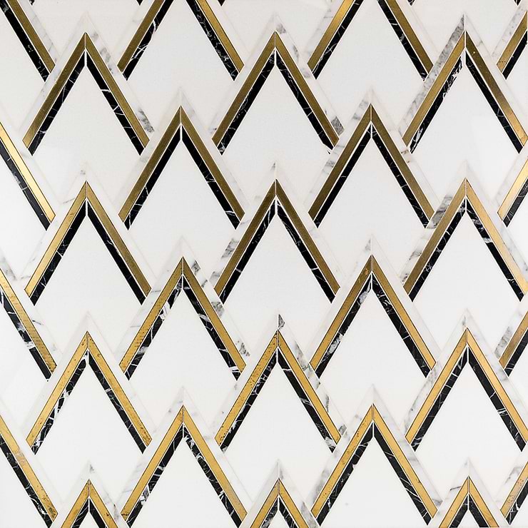 VZAG Nero Black & White Polished Marble & Brass Mosaic by Vanessa Deleon; in Black, White, and Gold Crystallized Thassos + Brass; for Backsplash, Bathroom Wall, Kitchen Wall, Wall Tile; in Style Ideas Art Deco, Contemporary, Craftsman, Mid Century, Transitional