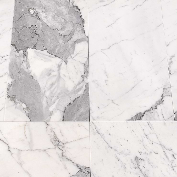 Calacatta Select White 12X24 Polished Marble Tile; in White with Gray & Gold Veins Calacatta; for Backsplash, Bathroom Floor, Bathroom Wall, Commercial Floor, Floor Tile, Kitchen Floor, Kitchen Wall, Outdoor Wall, Shower Wall, Wall Tile; in Style Ideas Art Deco, Classic, Contemporary, Modern, Traditional, Transitional