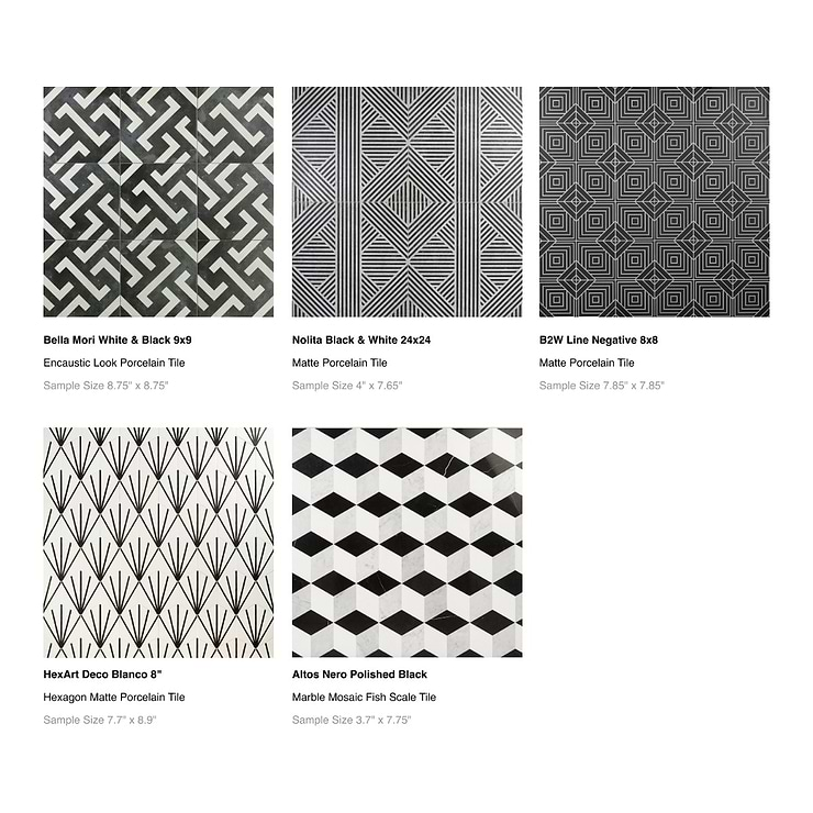 Top Selling Black and White Patterned Tiles Sample Bundle (5) 