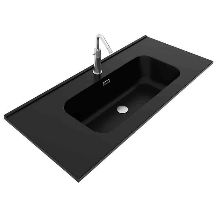 Kora Geo Faux Fluted 40" Single Vanity with Integrated Black Ceramic Top & Silver Handles