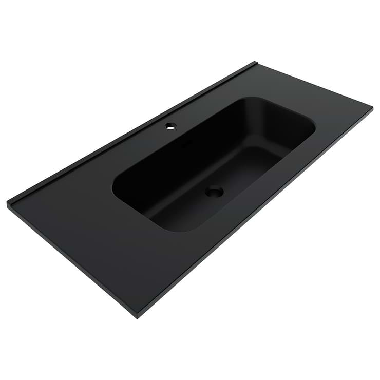 Kora Geo Faux Fluted 40" Single Vanity with Integrated Black Ceramic Top & Silver Handles