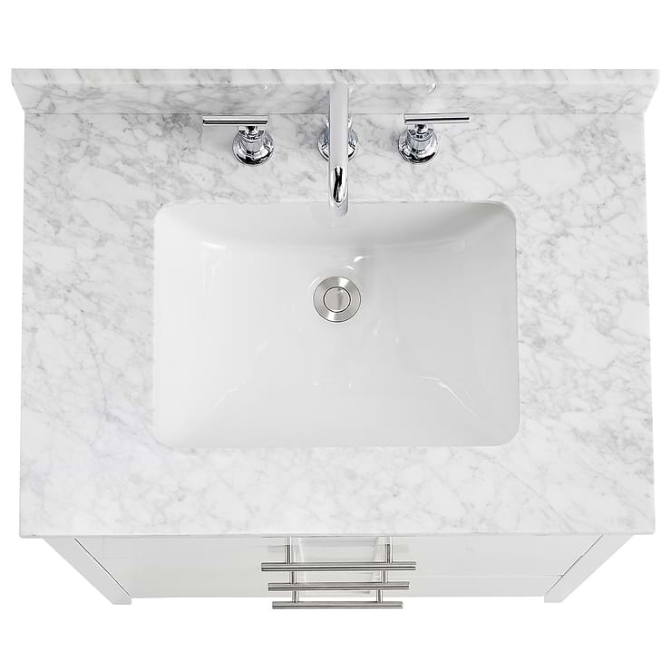 Iconic 30" White and Silver Vanity with Carrara Marble Top and Ceramic Basin