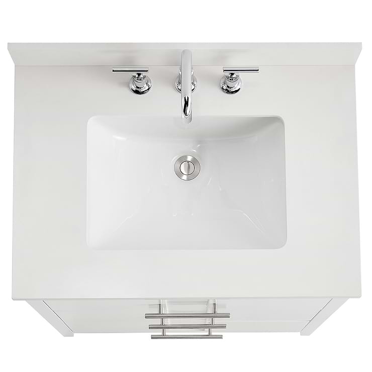 Iconic 30" White and Silver Vanity with Pure White Quartz Top and Ceramic Basin