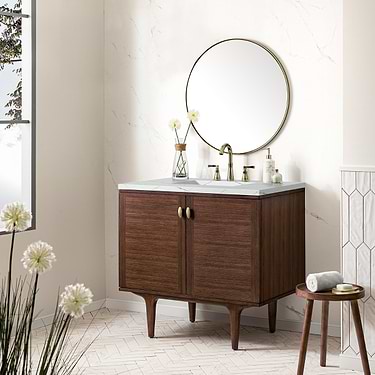 Amberly Mid-Century Walnut 36" Single Vanity with Ethereal Noctis Quartz Top by JMV