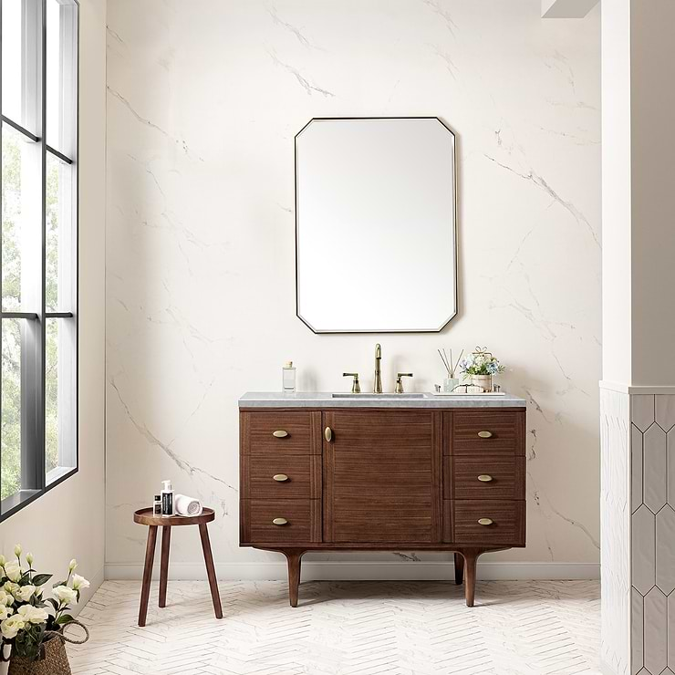 James Martin Vanities Amberly Mid-Century Walnut 48" Single Vanity with Carrara Marble Top