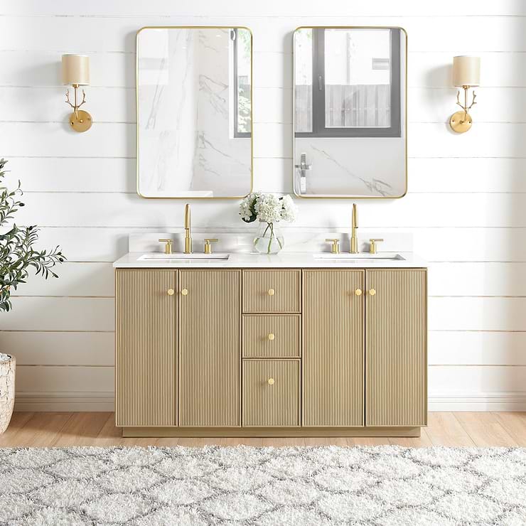 Florencia Blonde Oak 60" Double Vanity with Pacific White Quartz Top ...