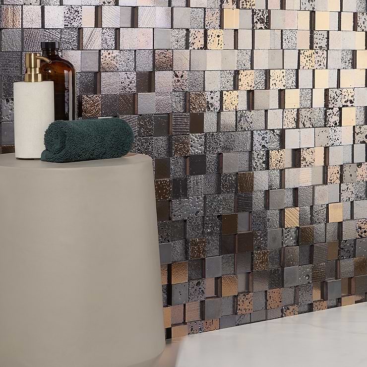 Magma 3D Squares Iron Gray 2x2 Polished Lava Stone Mosaic Tile