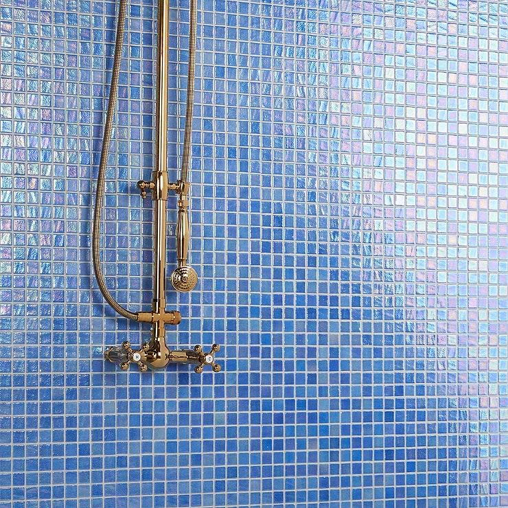 Swim Saint Lucia Blue 1x1 Polished Glass Mosaic; in Blue Glass; for Backsplash, Bathroom Floor, Bathroom Wall, Kitchen Wall, Outdoor Wall, Pool Tile, Shower Floor, Shower Wall, Wall Tile; in Style Ideas Beach, Classic, Contemporary, Mediterranean, Tropical; released 2024; new, trends