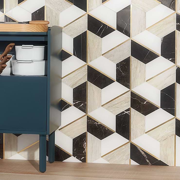 Decade Saint Laurent Beige Hexagon Polished Marble & Brass Mosaic; in Beige, Black, White, Brass Saint Laurant + European Wood + Thasssos + Brass; for Backsplash, Bathroom Wall, Kitchen Wall, Outdoor Wall, Shower Wall, Wall Tile; in Style Ideas Art Deco, Contemporary, Whimsical