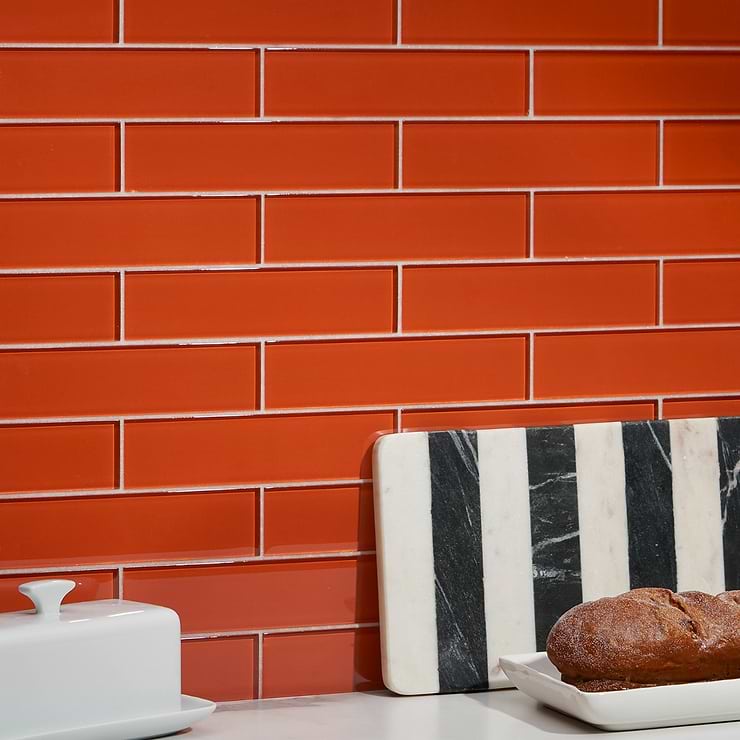 Loft Flame Orange 2x8 Polished Glass Subway Tile; in Orange Glass; for Backsplash, Bathroom Wall, Kitchen Wall, Outdoor Wall, Pool Tile, Shower Wall, Wall Tile; in Style Ideas Beach, Classic, Farmhouse, Industrial, Traditional