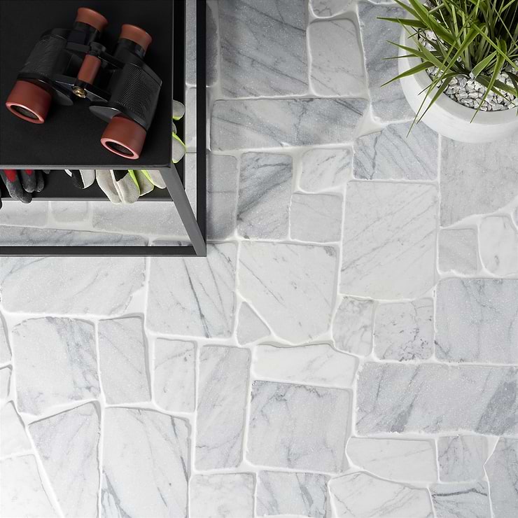 Nature Flagstone Jumbo Carrara White Honed Marble Mosaic; in White Marble; for Backsplash, Bathroom Floor, Bathroom Wall, Commercial Floor, Floor Tile, Kitchen Floor, Kitchen Wall, Outdoor Floor, Outdoor Wall, Pool Tile, Shower Floor, Shower Wall, Wall Tile; in Style Ideas Beach, Classic, Contemporary, Cottage, Craftsman, Mediterranean, Mid Century, Traditional, Transitional