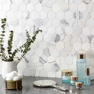 Calacatta White 2" Hexagon Polished Marble Mosaic