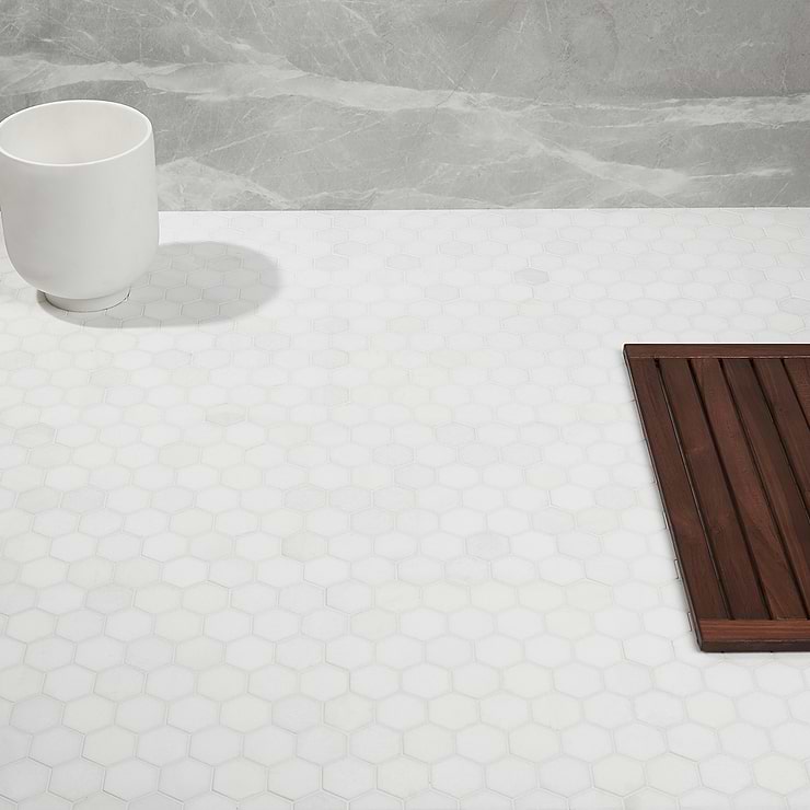 White Thassos White 2" Hexagon polished Marble Mosaic; in White Thassos Thassos; for Backsplash, Bathroom Floor, Bathroom Wall, Commercial Floor, Floor Tile, Kitchen Floor, Kitchen Wall, Outdoor Wall, Shower Wall, Wall Tile; in Style Ideas Art Deco, Classic, Contemporary, Modern, Traditional