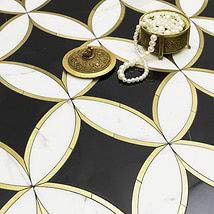Kaleidoscope Oblique Black- White and Brass 8x12 Polished Marble Tile