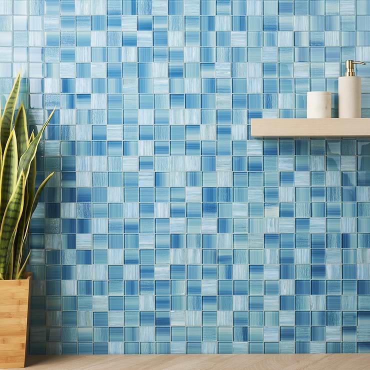 Marley Sea Blue 2x2 Polished Glass Mosaic; in Teal Glass; for Backsplash, Bathroom Wall, Kitchen Wall, Outdoor Wall, Pool Tile, Shower Wall, Wall Tile; in Style Ideas Beach, Classic, Contemporary, Mediterranean, Traditional, Transitional, Tropical, Whimsical; released 2024; new, trends