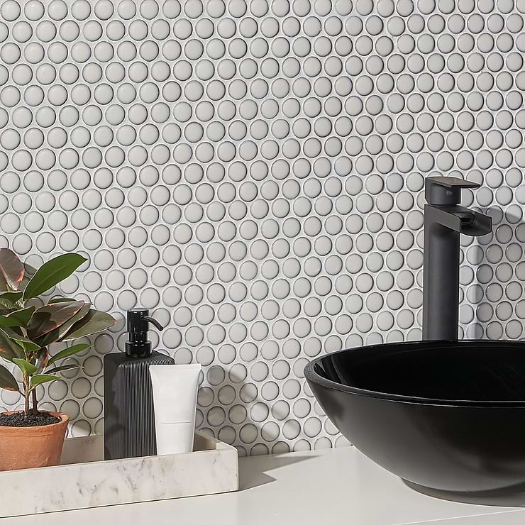 Nirvana Snow White 1" Rimmed Penny Round Polished Porcelain Mosaic; in White Porcelain; for Backsplash, Bathroom Floor, Bathroom Wall, Commercial Floor, Floor Tile, Kitchen Floor, Kitchen Wall, Outdoor Floor, Outdoor Wall, Pool Tile, Shower Floor, Shower Wall, Wall Tile; in Style Ideas Farmhouse
