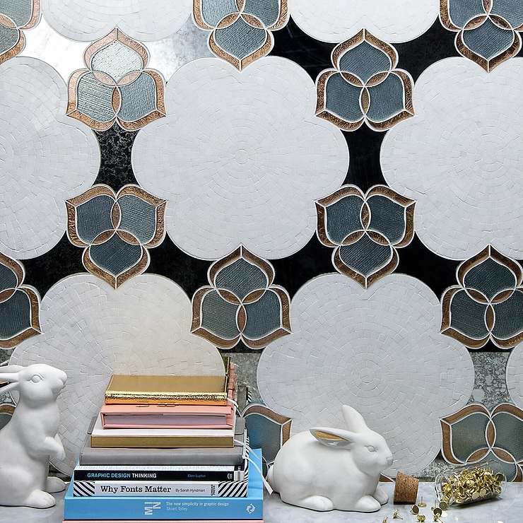 Camellia White Polished Marble & Mirror Mosaic; in White,Copper, Mirror Thassos; for Backsplash, Bathroom Wall, Kitchen Wall, Wall Tile; in Style Ideas Classic, Contemporary, Craftsman, Mid Century, Traditional, Transitional