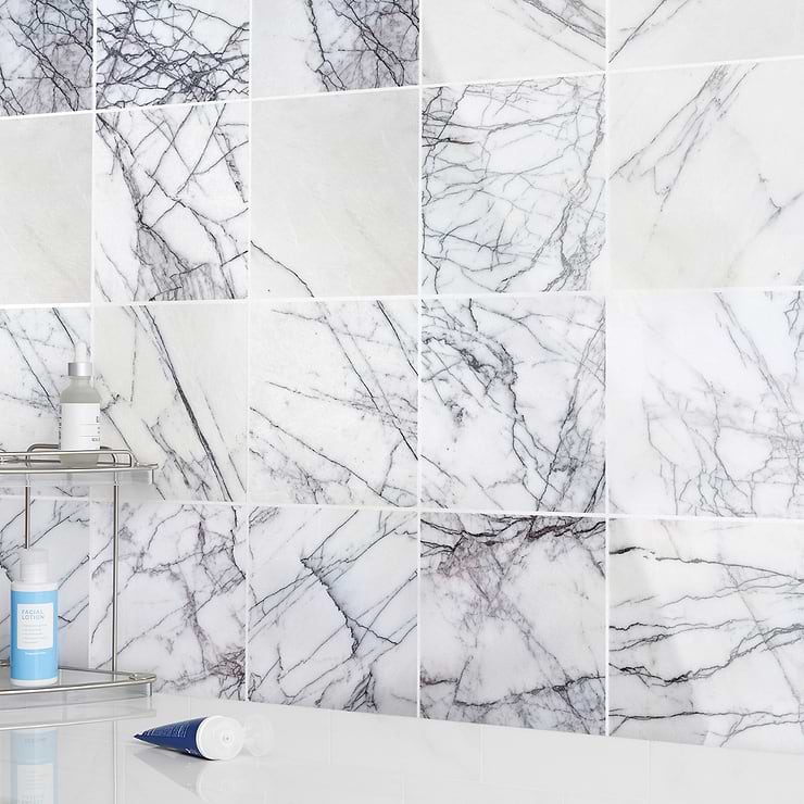 Lilac White 12x12 Polished Marble Tile; in White + Dark veins Marble; for Backsplash, Bathroom Floor, Bathroom Wall, Commercial Floor, Floor Tile, Kitchen Floor, Kitchen Wall, Shower Floor, Shower Wall, Wall Tile; in Style Ideas Art Deco, Contemporary, Modern
