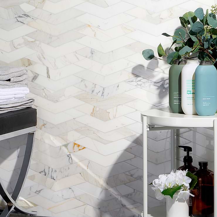 New Palm Beach by Krista Watterworth Floral White Chevron Polished Marble Mosaic