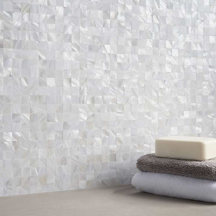 Serene White Squares Seamless Pearl Polished Mosaic Tile