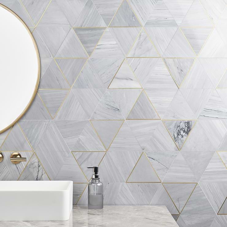 Verin Gray 6x6 Polished Marble & Brass Mosaic; in Gray and Brass Marble + Brass; for Backsplash, Bathroom Floor, Bathroom Wall, Commercial Floor, Floor Tile, Kitchen Floor, Kitchen Wall, Outdoor Wall, Wall Tile; in Style Ideas Art Deco, Classic, Contemporary, Traditional, Transitional