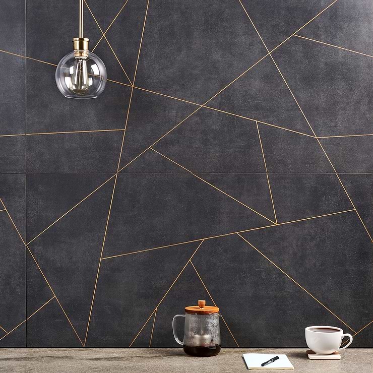Whitney Ardesia Charcoal Black and Gold Line 24x48 Artisan Decor Matte Porcelain Wall Tile; in Charcoal with Gold 3rd Fired Porcelain; for Backsplash, Bathroom Wall, Kitchen Wall, Shower Wall, Wall Tile; in Style Ideas Art Deco, Beach, Tropical, Whimsical