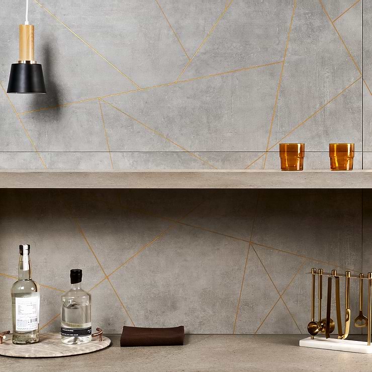 Whitney Cemento Gray and Gold Line 24x48 Artisan Decor Matte Porcelain Wall Tile; in Gray with Gold 3rd Fired Porcelain; for Backsplash, Bathroom Wall, Kitchen Wall, Shower Wall, Wall Tile; in Style Ideas Art Deco, Beach, Tropical, Whimsical