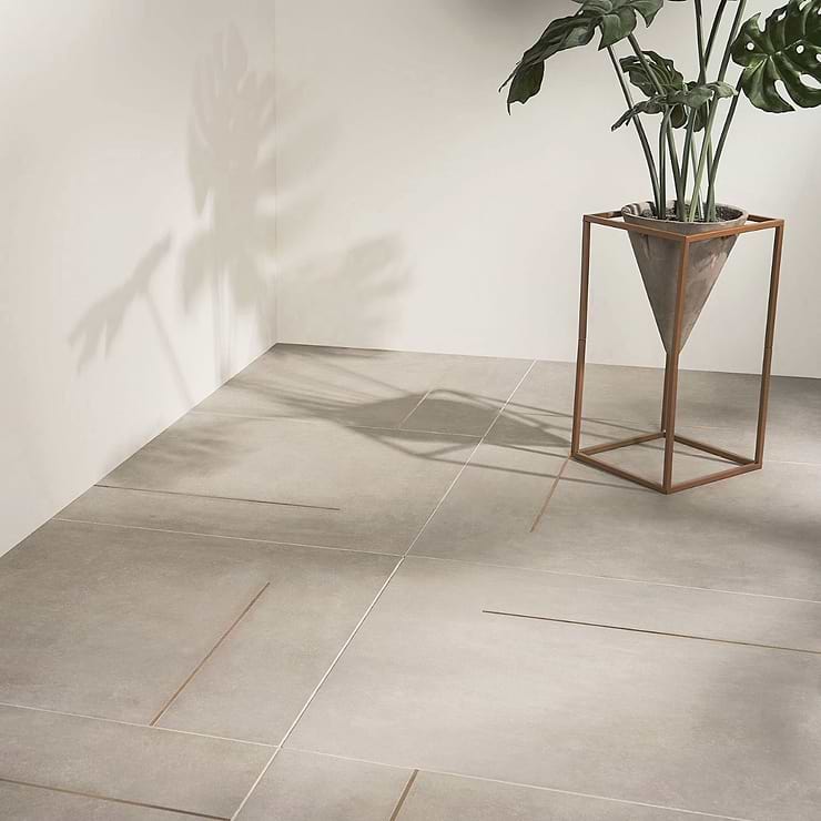 Sample-Lines Brass Inlay Greige Porcelain Tile with Matte Finish and Brass Lines