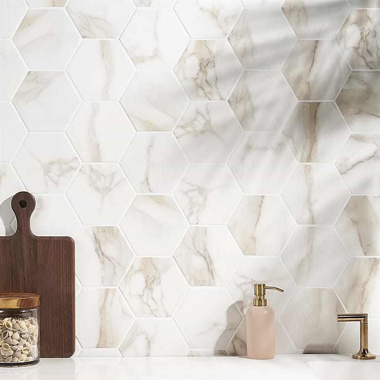 Amalfi Calacatta White 6" Hexagon Matte Porcelain Tile; in White with Gold Veining  Porcelain; for Backsplash, Bathroom Wall, Kitchen Wall, Outdoor Wall, Pool Tile, Shower Wall, Wall Tile; in Style Ideas Classic, Contemporary, Craftsman, Farmhouse, Mid Century, Modern, Traditional, Transitional