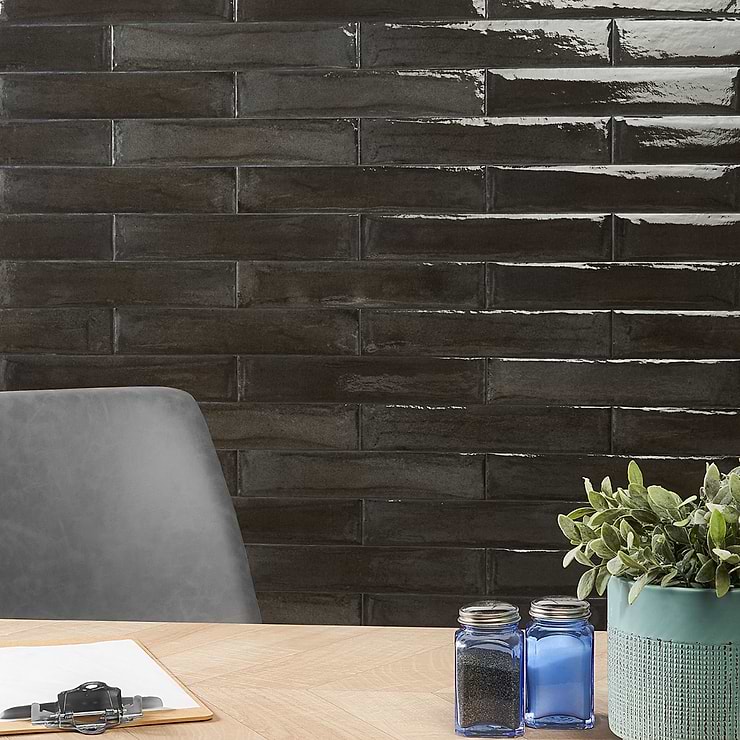 Paint Nero Black 3x16 Polished Porcelain Subway Tile; in Black Porcelain; for Backsplash, Bathroom Wall, Kitchen Wall, Outdoor Wall, Shower Wall, Wall Tile; in Style Ideas Classic, Contemporary, Cottage, Craftsman, Farmhouse, Industrial, Mediterranean, Modern, Traditional, Transitional