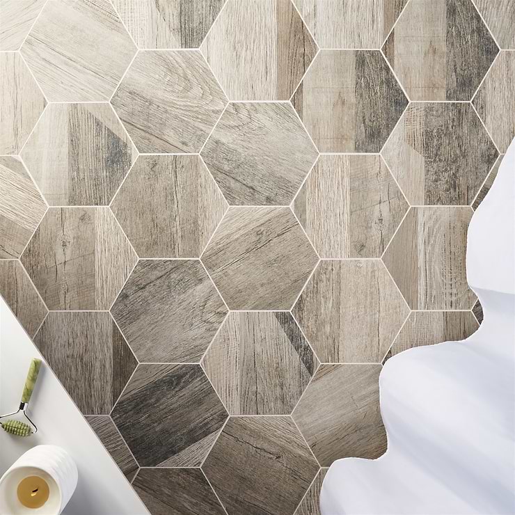 Caribou Olive Esagona 8" Hexagon Matte Porcelain Wood Look Tile