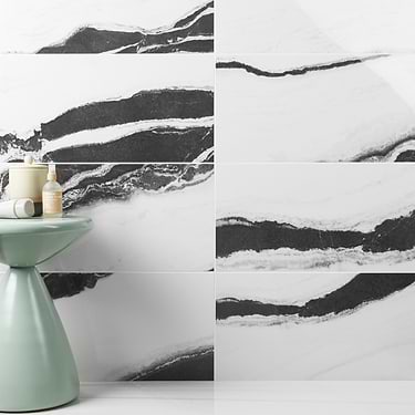 Drama Waves Black & White 12x24 Polished Porcelain Tile