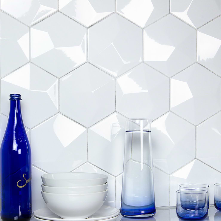 Exagoni Dimension White 6x7 3D Hexagon Polished Ceramic Tile; in White Ceramic; for Backsplash, Bathroom Wall, Kitchen Wall, Shower Wall, Wall Tile; in Style Ideas Contemporary, Transitional, Whimsical