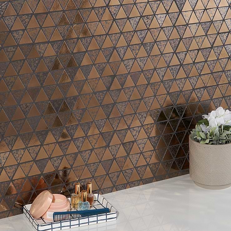 Magma Bronze 2" Triangles Polished Lava Stone Mosaic; in Bronze Lava Stone; for Backsplash, Bathroom Floor, Bathroom Wall, Commercial Floor, Floor Tile, Kitchen Floor, Kitchen Wall, Outdoor Floor, Outdoor Wall, Pool Tile, Shower Floor, Shower Wall, Wall Tile; in Style Ideas Art Deco, Contemporary, Industrial; released 2024; new, trends