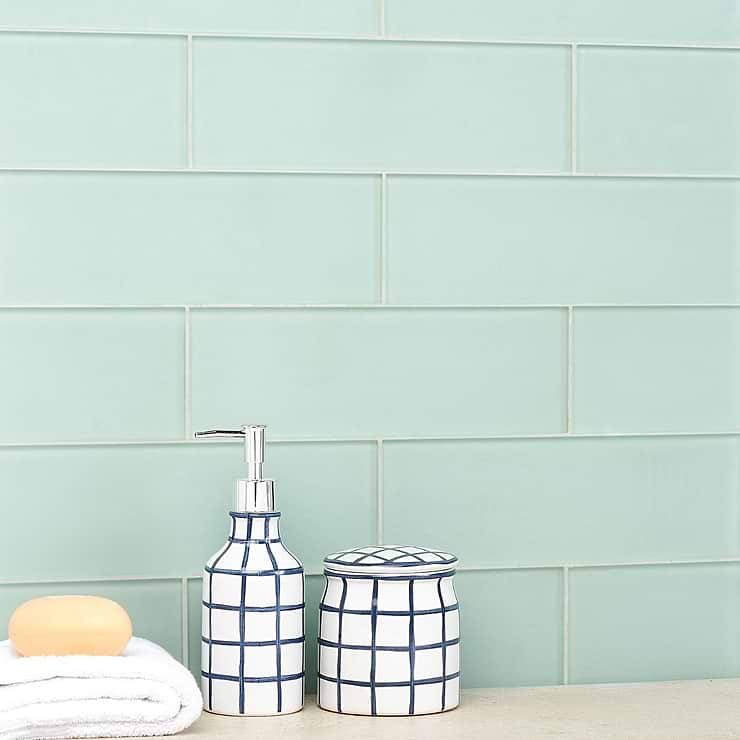 Loft Seafoam Green 4x12 Frosted Glass Subway Tile; in Seafoam Green Glass; for Backsplash, Bathroom Wall, Kitchen Wall, Pool Tile, Shower Wall, Wall Tile; in Style Ideas Beach, Classic, Farmhouse, Industrial, Transitional