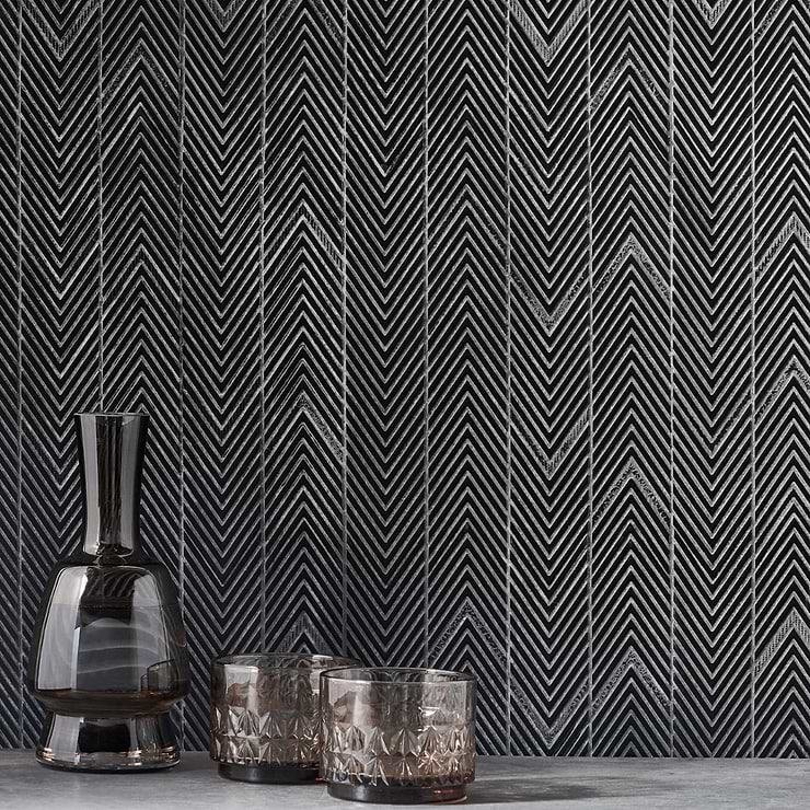 Sound Tempo Black Chevron Matte Resin Mosaic; in Black Resin; for Backsplash, Bathroom Wall, Kitchen Wall, Shower Wall, Wall Tile; in Style Ideas Contemporary, Craftsman, Industrial, Modern; released 2024; new, trends