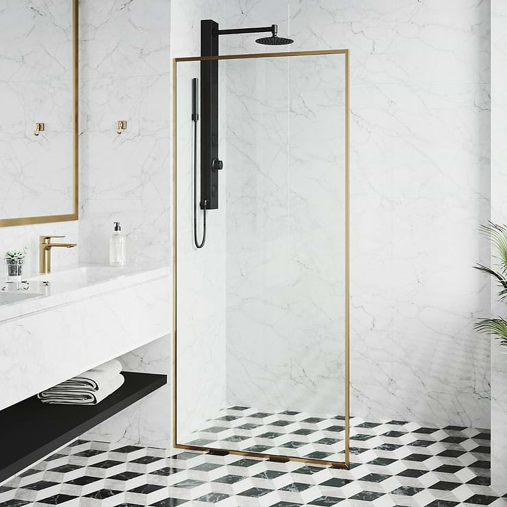 Finestra 34x74" Reversible Fixed Shower Door with Clear Glass in Brushed Gold