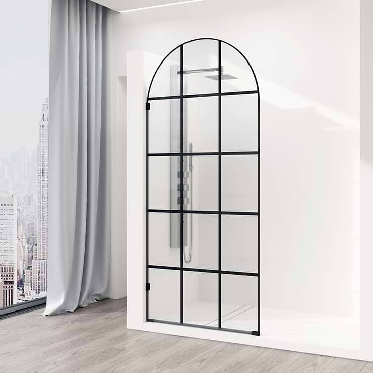 Burke 34x78" Reversible Semi-frameless Shower Screen with Grid Glass in Matte Black